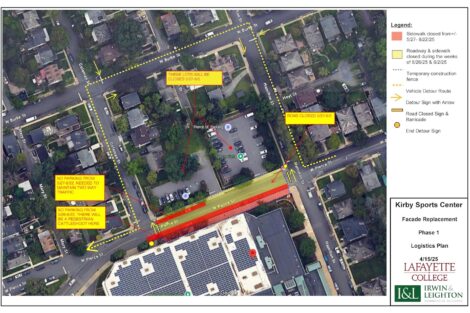 An aerial view of the Allan P. Kirby Sports Center May-Aug. 2025 construction. Yellow boxes note the closure of Pierce Street, and parking and pedestrian restrictions.