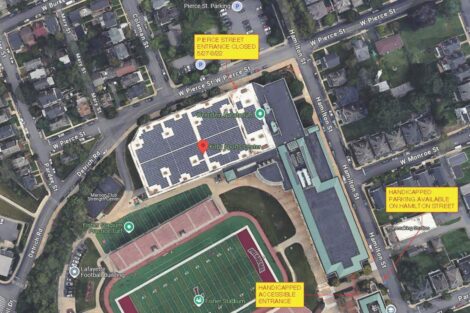 An aerial image of Kirby Sports Center shows the May-Aug. 2025 construction. Yellow boxes note the Pierce Street entrance closure of Kirby Sports Center, the temporary ADA parking spaces, and ADA entrance.